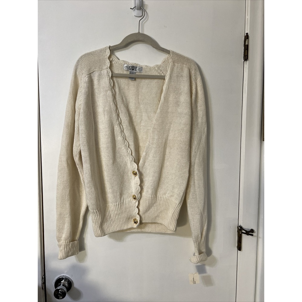 Vintage Segue  Knitted Ivory Gold  Button Cardigan Sweater Sz Large